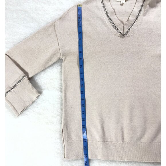 GREY Jason Wu Chain Trim V-Neck Sweater Beige S Minimalist Quiet Luxury Knit - Picture 10 of 11